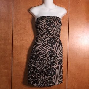Black and Tan strapless dress with ruching.